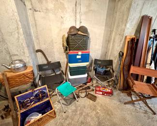 Camping supplies, vintage coolers, military items