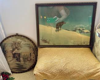 Vintage winter paintings, antique foot stool