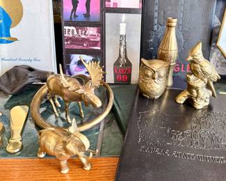 Brass elephant, moose, owl, Coke bottle, cardinal