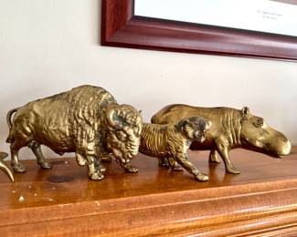 Vintage brass bison, tiger, hippo