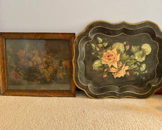 Antique floral print and huge metal tray