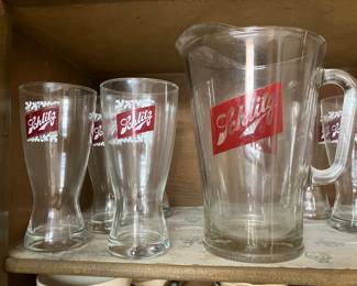 vintage Schlitz pitcher and pilsner glasses