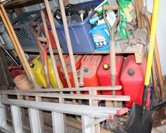 garden shed...long-handled tools, ladders, gas cans, gardening supplies