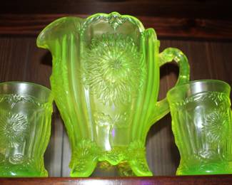 Mosser Dahlia vaseline glass pitcher and four tumblers