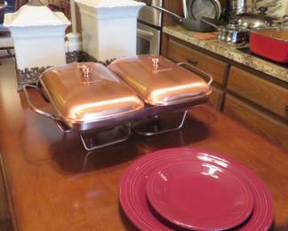 Fiesta claret plates, European food warmer, Chris Madden canister set