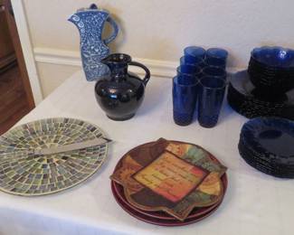 Home Interiors mosaic platter, Avon Sapphire 1970's glass dishes, pitcher from Thailand