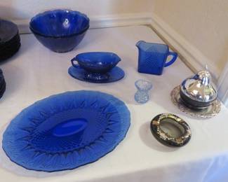 Avon Sapphire glass, Hazel Atlas chevron, Queen Anne Silver honey pot