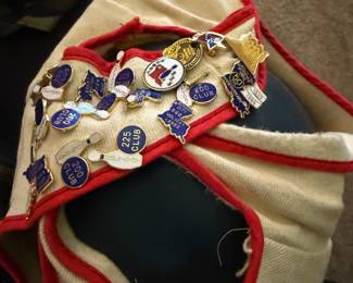 Bowling ball, bag and pin-backs