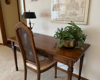 DESK, LAMP & JACK DESLEY FRAMED ARTWORK