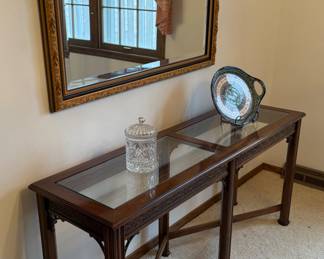 CONSOLE TABLE, GLASSWARE AND MIRROR
