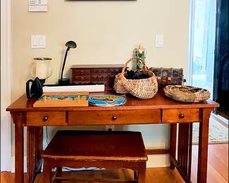 Mission Style Desk, baskets, primitive bench