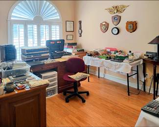 Office with Oak L-Shaped Executive Desk, Office Supplies, Naval Aviation Items, Sony BetaMax