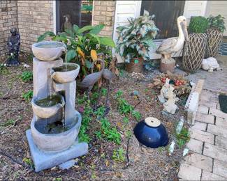 Fountain, Bird Statues, Pots, Bunnies