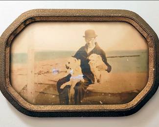 Old Photo of Man and Dogs in Convex Frame