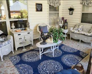 Patio with White Wicker Furniture, Chalk Painted Antique Wash Stand, Outdoor Rug