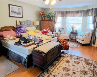 Master Bedroom with King Bedroom Suite, Lots of Clothes, Modern Upholstered Armchairs, Cedar Blanket Chest, Rugs, TV