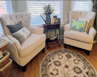 Upholstered Nailhead Armchairs, Antique Stand, Baskets