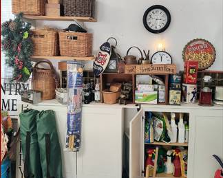 Baskets, Coke and Pepsi Items, Old Kitchen Items, Clocks, Yard and Garden Supplies