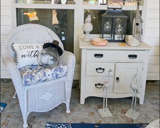 White Wicker Armchair, Chalk Painted Washstand, Battery Operated Lighting, Garden Decor