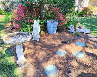 Birdbath, Potted Plants, Statuary
