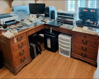 L-Shaped Oak Office Desk, Office Supplies, Computer, Shredder, Betamax