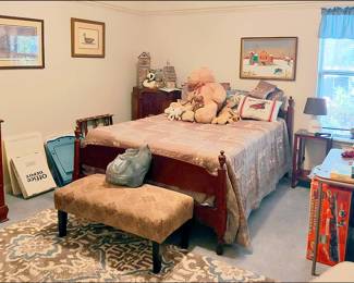 Antique Double Bed, Pine Chest, Upholstered Bench, Teddy Bears, Games and Toys