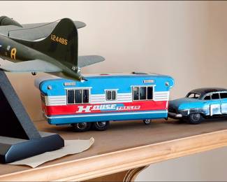 1950s Tin Car and Trailer, Military Model Plane
