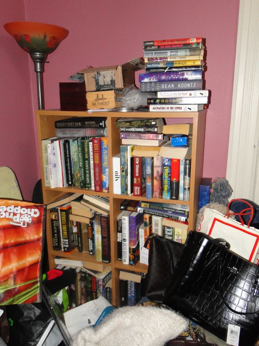 Boxes and shelves of books (the lamp sold)