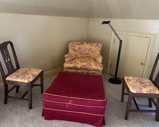 Great toile club chairs, pair of English sidechairs