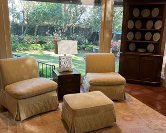 Pair of slipper chairs, Oushak in pale cream and rose, corner cabinet, ( sorry, campaign chest has been removed by the family)