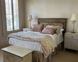 Handsome queen bed, pair of bedside tables, great linens included
