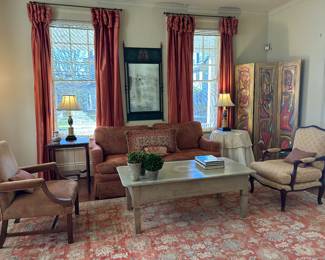 Lovely collection of antiques mixed with contemporary, large oriental rug in soft colors