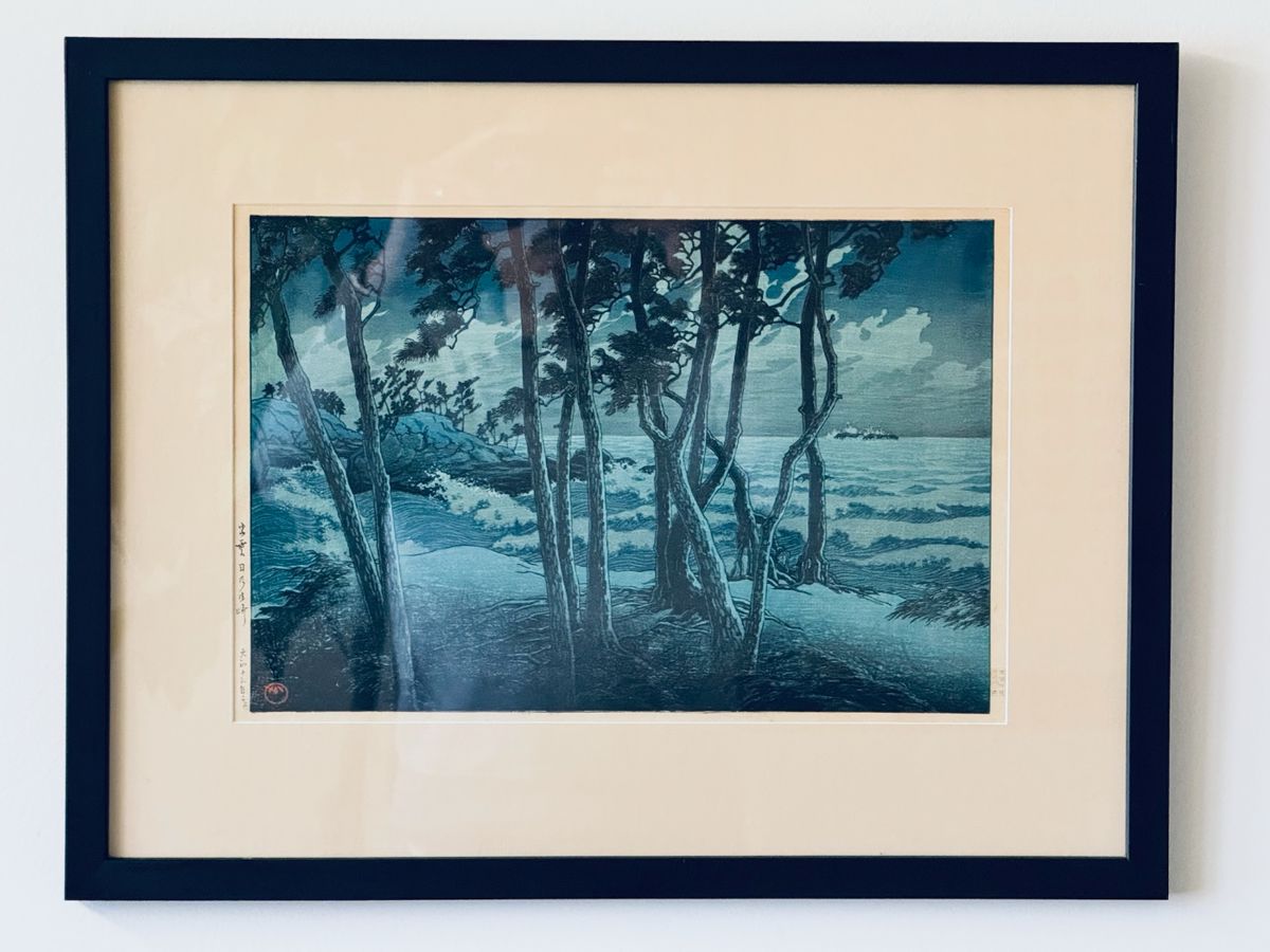 Important early 20th Century ‘Hinomisaki in Izumo Province’ original woodblock print by Kawase Hasui, signed in blue ink Hasui, sealed Kawase, publisher’s mark (Hotei ‘B’, ca. 1924-30) to the lower right.