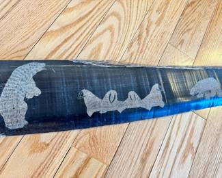 65” vintage etched Whale Baleen Frond signed by artist Beulah Oittillian, Gambell, Alaska