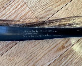 65” vintage etched Whale Baleen Frond signed by artist Beulah Oittillian, Gambell, Alaska