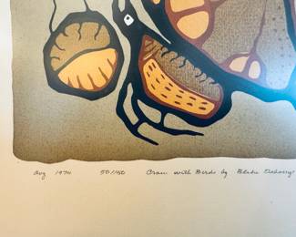 Vintage Blake Debassige (Ojibwa Artist) signed serigraph titled, “Crow with Birds”