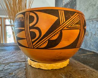 Large Hopi-Tewa pottery bowl by Violet Huma with bone ring stand