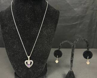 CT948V925 Silver Heart Amethyst Necklace And 925 Heart Earrings