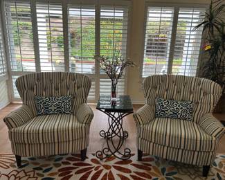 CT8542 Blue White Stripped Chair 2 Pillows 2 Tables 1 Flowers with Vase