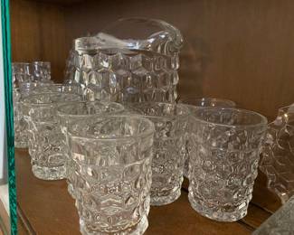AMERICN FOSTORIA,ICE PITCHER & 8-GLASSES, CUBIST PATTERN
