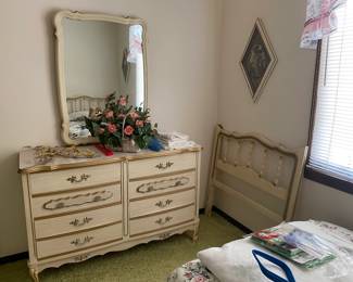 FRENCH PROVIINCIAL DRESSER W/MIRROR & HEADBOARD