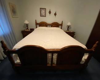 HARMONY HOUSE QUEEN BED W/ SEALY POSTUREPEDIC  MATTRESS & BOX SPRINGS;                 2-BEDSIDE TABLES