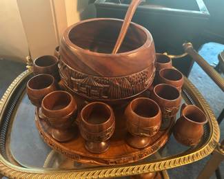 Tiki wood punch bowl set