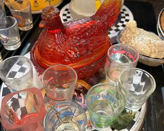 Shot glasses, red flame chicken