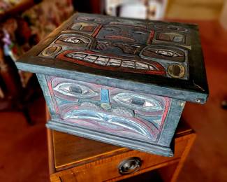 Northwest carved small box attributed to Sampson Robertson, noted artist. Kwakiutl style box
