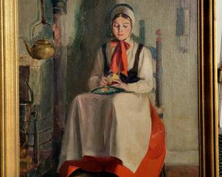 Large original oil painting by Daniel Trumbull, listed artist. "Peeling an Apple"  dated 1934