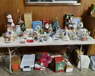 Vintage ceramic lighted christmas tree. Christmas and snowman decorations.