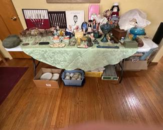 Antique military  mess kit. Whiting and davis Evening Bag. Vintage Baby Clothes. Japanese Purse. Anvil/ Eyeglasses.  1950 Vintage Pitcher with gold bands with cocktail glasses full set. Santa mug. Lefton kissing girl and boy.  Sugar bowl and creamer.