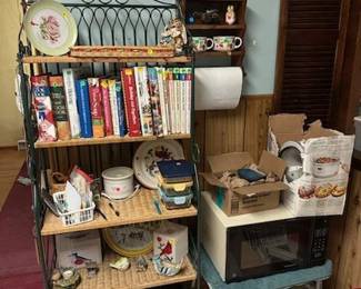 Microwave. Crockpot. Food storage containers. Bakers rack. Cookbooks. Vintage plates. Ceramic soup mugs. BBB Ceramics/ Bird decor. Vintage plates.