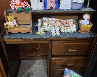 Dolls, Wooden bench with bear. Small space heater.